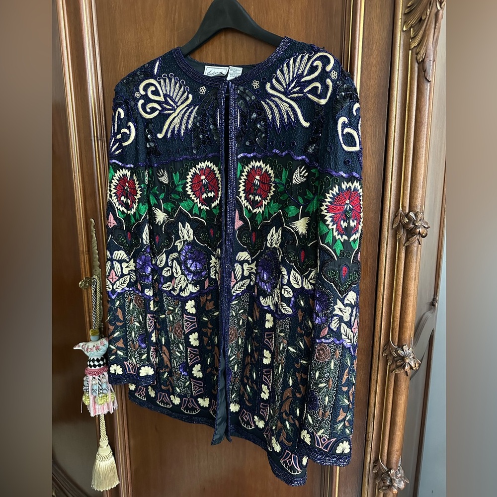 Vintage Judith Ann Black Beaded & Embroidered Silk Jacket Size Small